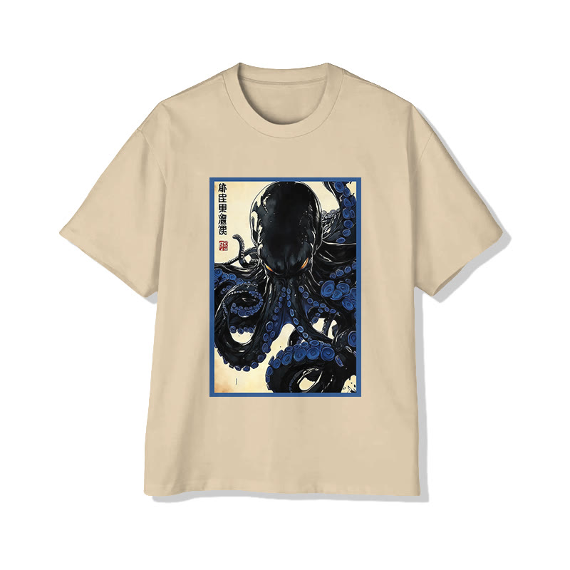 Unisex Japanese Ink Octopus Art Pattern Cotton Print T-shirt - Apricot - US20-22(3XL) - image 4