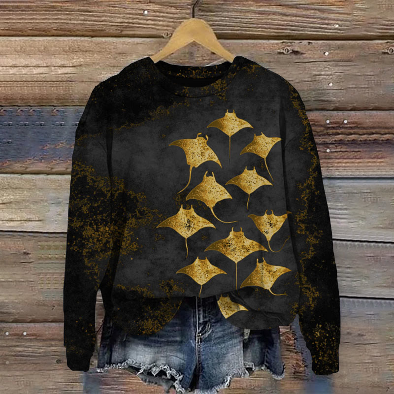 Vintage Manta Ray Art Print Causal Sweatshirt - Golden - 5XL - image 3