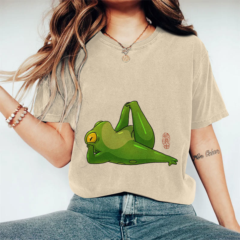 100% Cotton Frog Doing Yoga Art Print Casual T-shirt - Apricot - 2XL - image 2