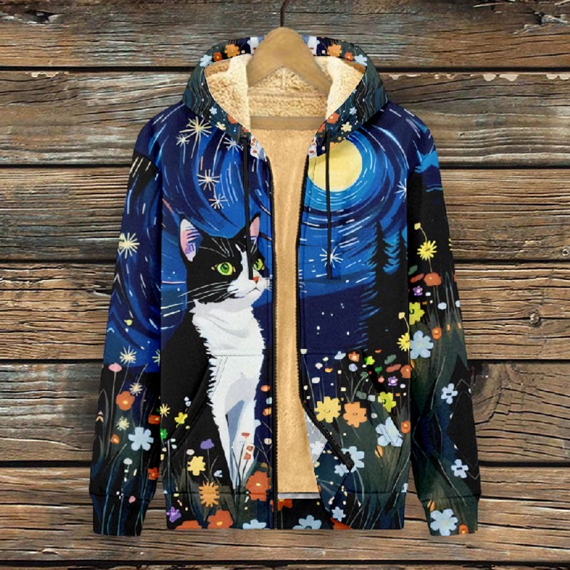 Women's Oil Painting Moon Night Cat With Flowers Print Fleece Jacket - image 2