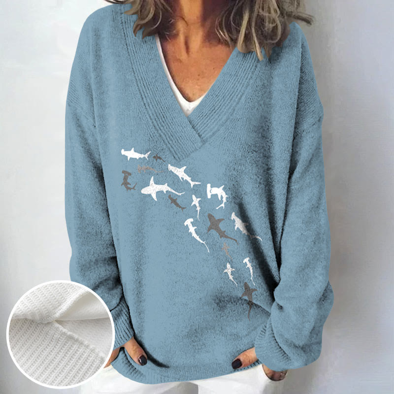 Shark Print Causal V-neck Pullover Sweater - image 6