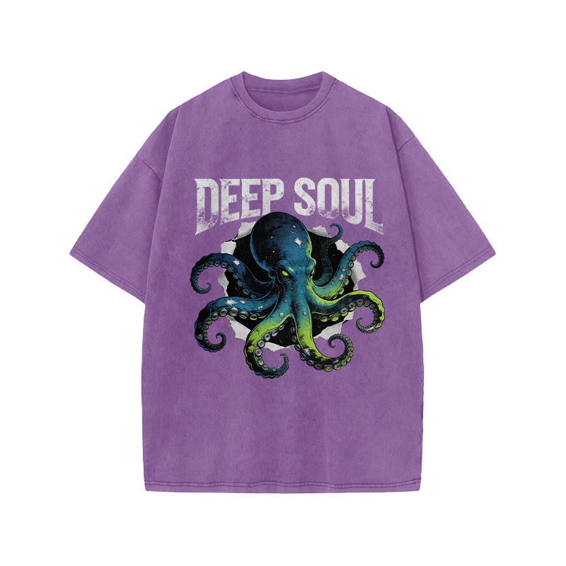 Ombre Octopus Deep Soul Print Acid Washed T-shirt - Purple - US20-22(3XL) - image 9