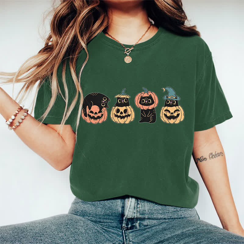 100% Cotton Halloween Funny Black Kitten & Pumpkin Art Print T-shirt - Dark Green - 2XL - image 9