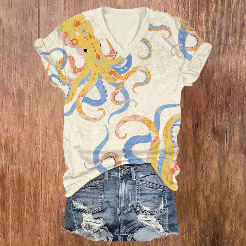 Vintage Funny Ethnic Pattern Octopus Print V-neck T-shirt - Beige - US32-34(5XL) - image 4