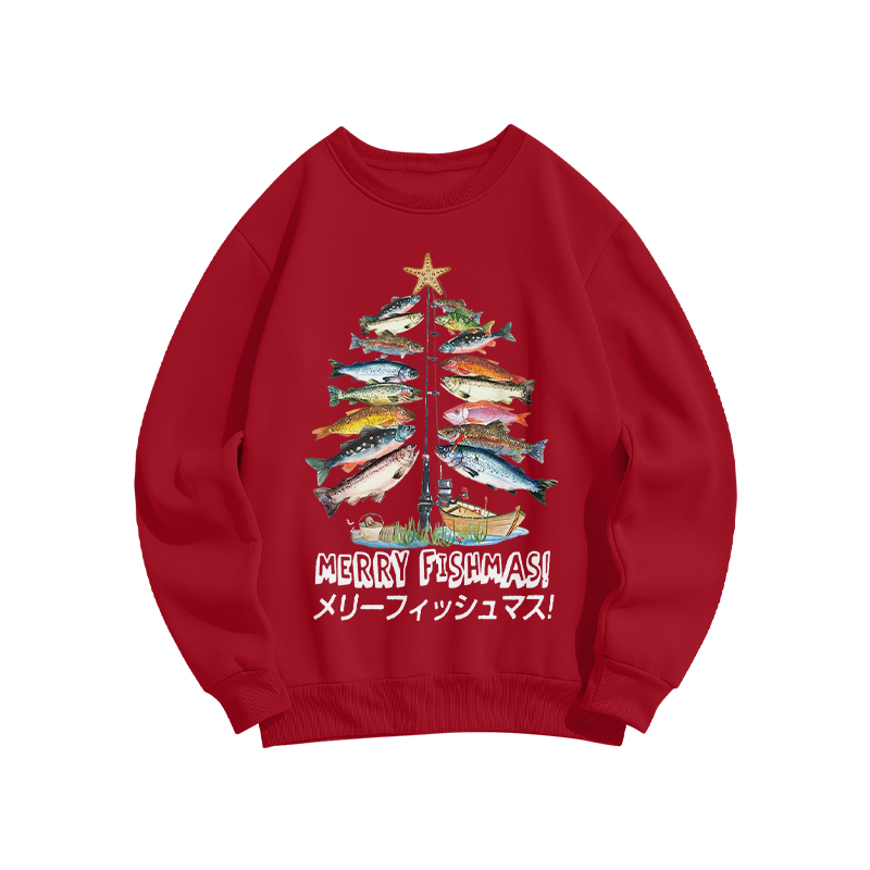 100% Cotton Merry Fishmas! Funny Fish Christmas Tree Print Crew Neck Sweatshirt - Red - US16-18(2XL) - image 3