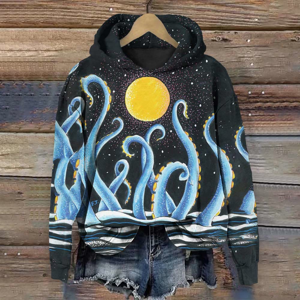 Octopus Tentacles And Full Moon Print Hoodie