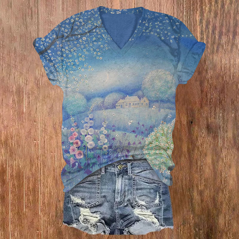 Watercolor Flower Print V-neck T-shirt - Light Blue - US32-34(5XL) - image 2