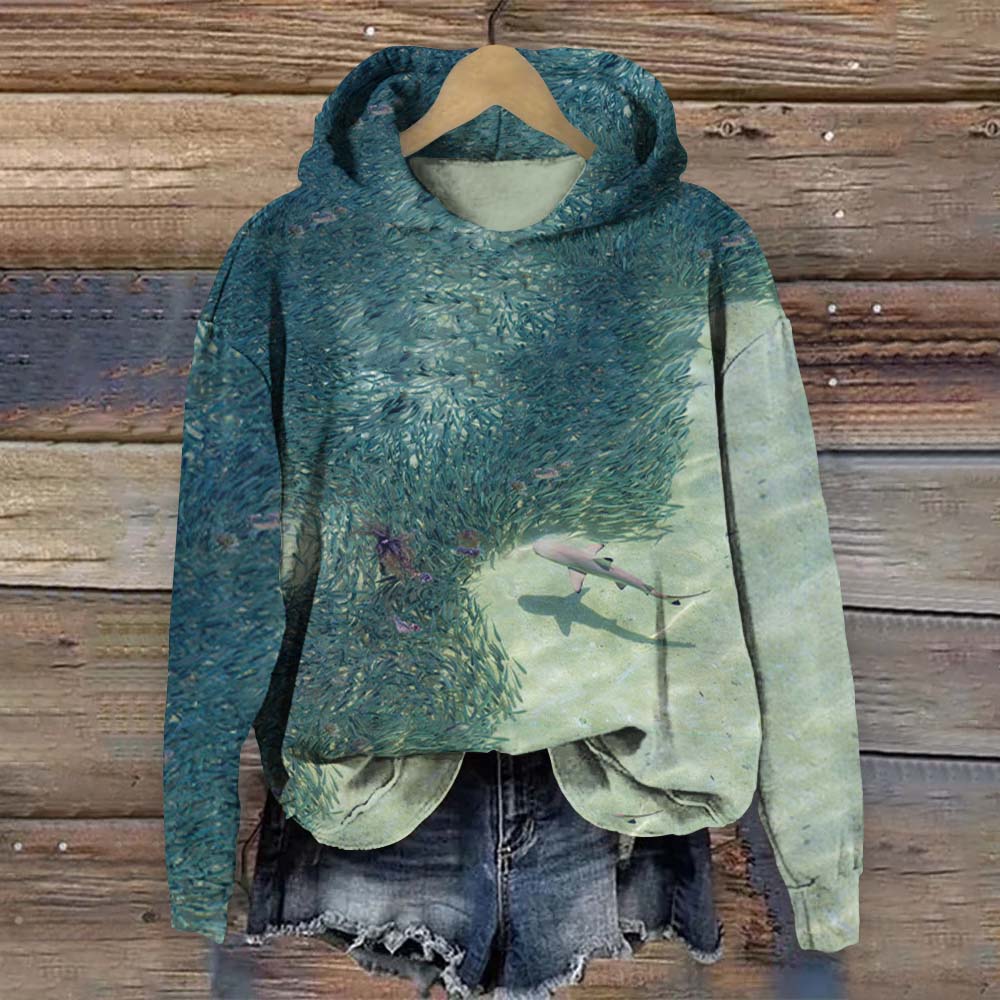 Shark And Fish Print Long Sleeve Hoodie - Green - 8XL - image 1