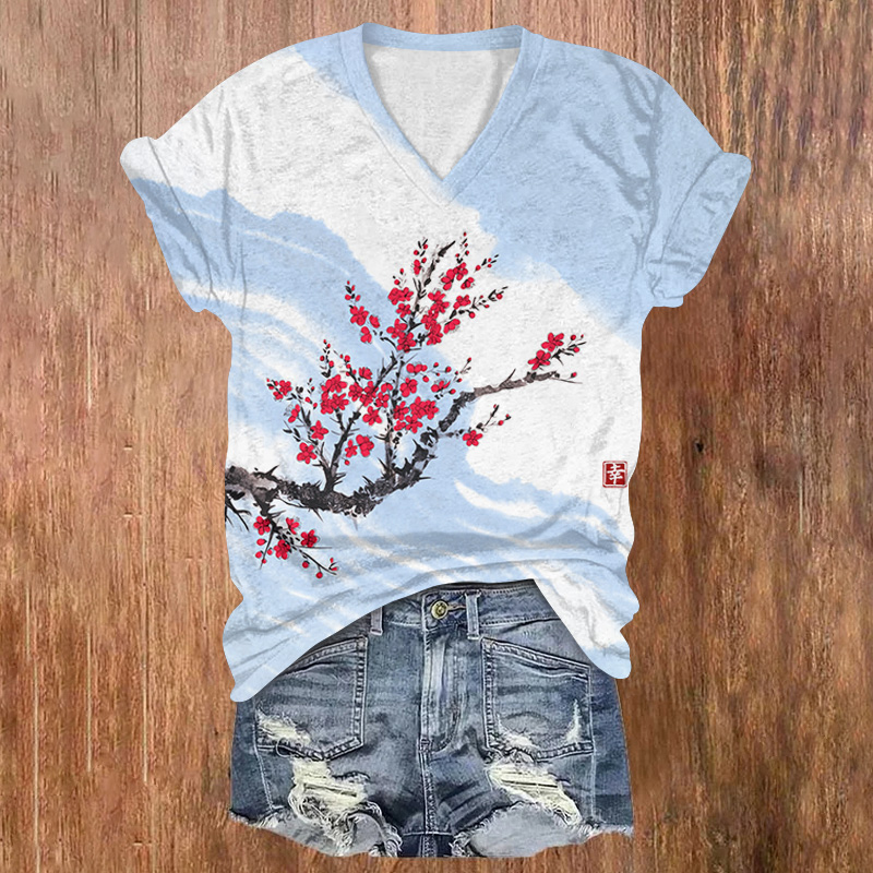Japanese Winter Plum Blossom Art Print Short Sleeved V-neck T-shirt - Blue - US32-34(5XL) - image 1