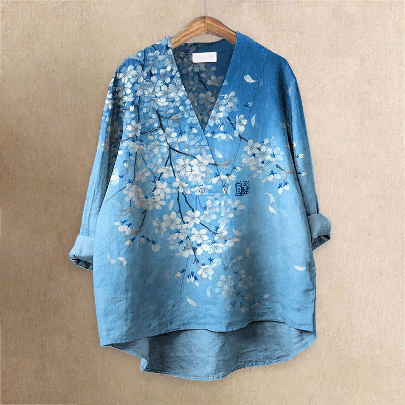 Cherry Blossom Full Moon Japanese Art Printed Casual V-neck Blouse - Blue - 6XL - image 3
