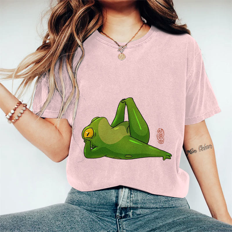 100% Cotton Frog Doing Yoga Art Print Casual T-shirt - Pink - 2XL - image 8