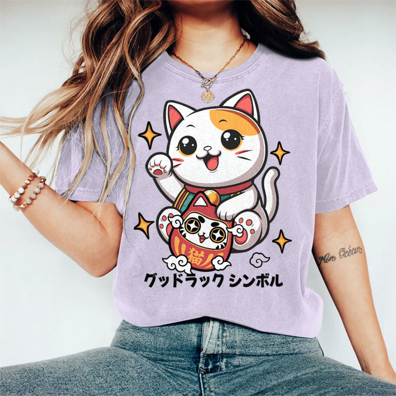 100% Cotton Women's Japanese Cute Lucky Cat Art Print Casual T-shirt - Purple - 2XL - image 2