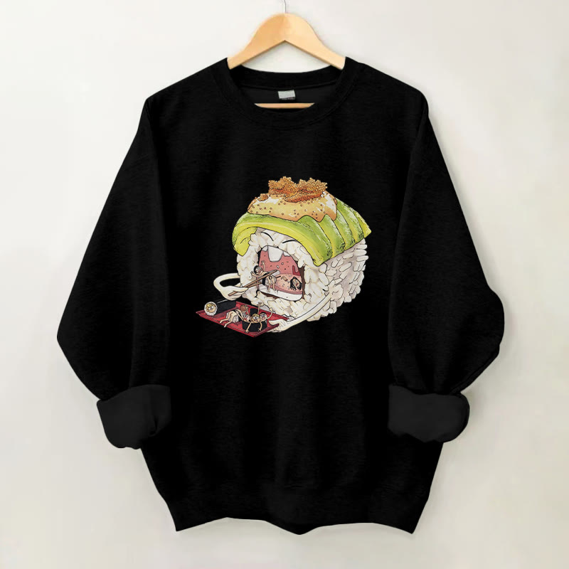 100% Cotton Creative Sushi Eating Print Round Neck Casual Fleece Sweatshirt - Black - 2XL - image 2