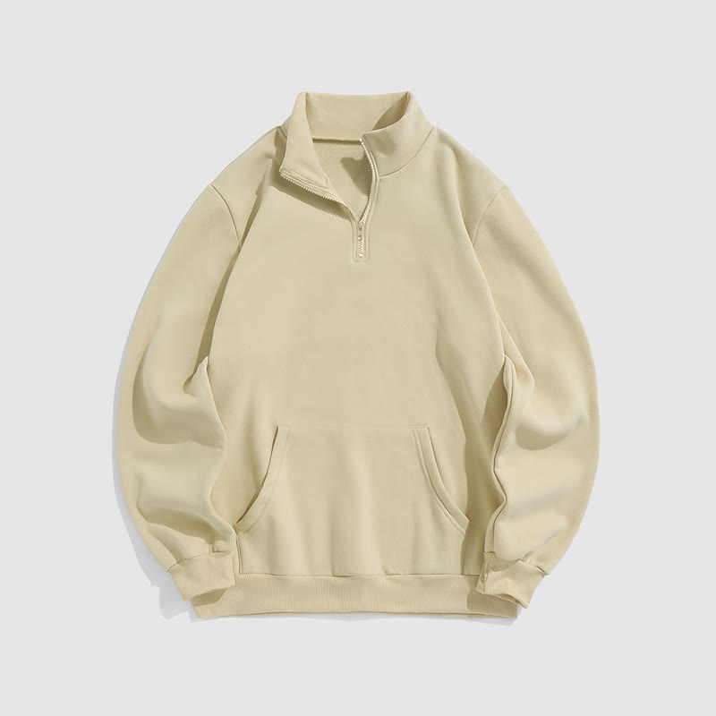 100% Cotton Solid Color Stand Collar Zipper Casual Fleece Sweatshirt - Khaki - 2XL - image 2