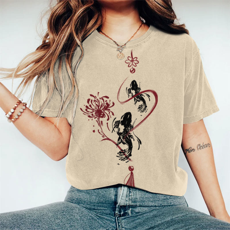 100% Cotton Women's Japanese Ink Watercolor Koi Floral Art Print Casual T-shirt - Khaki - 2XL - image 2