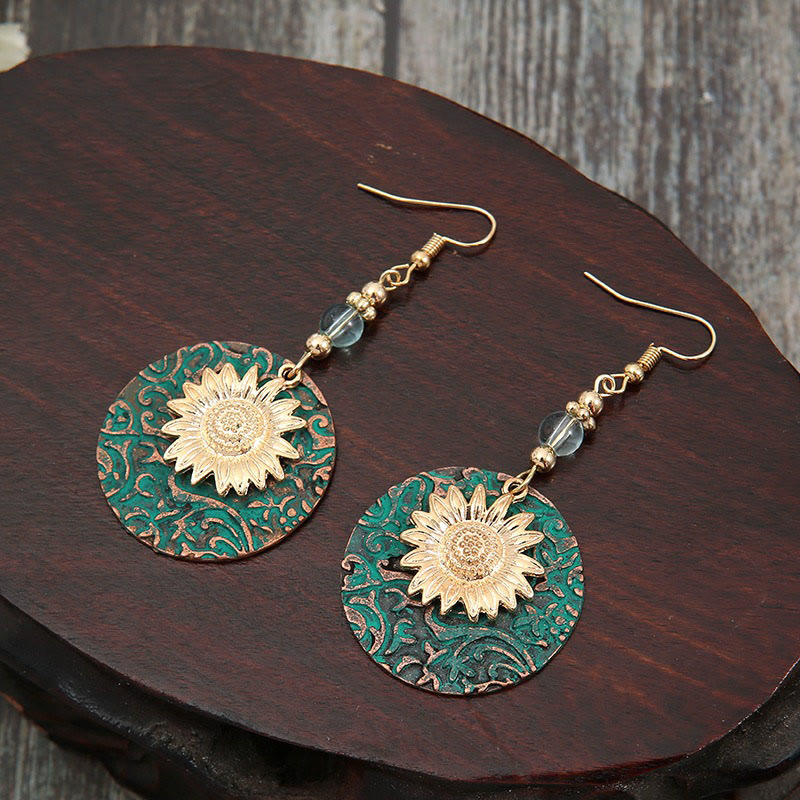Retro Bohemian Colorblock Double-layer Sunflower Pattern Earrings - image 5