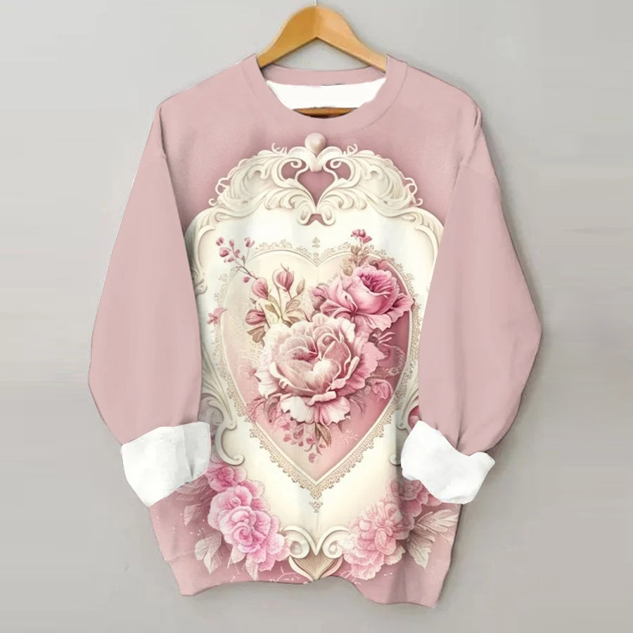 Pink Retro Romantic Valentine's Day Heart Printed Round Neck Sweatshirt - Pink - 5XL - image 1