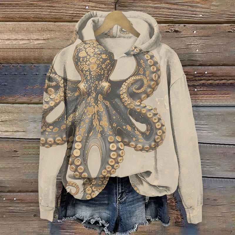 Vintage Octopus Art Print Long Sleeve Hoodie - Khaki - 8XL - image 5