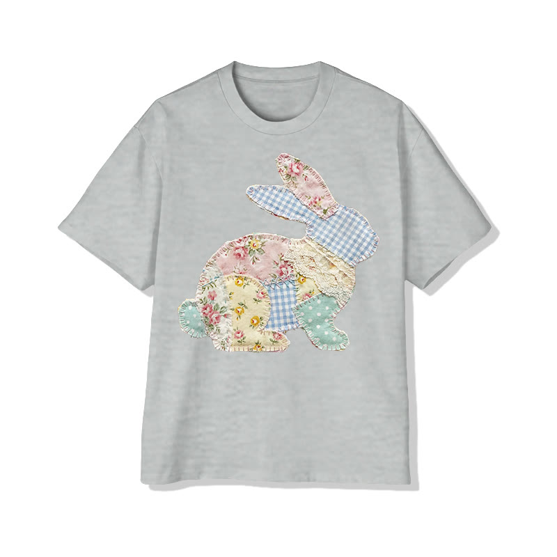 Trendy Pastoral Floral Bunny Patchwork Printed Cotton T-shirt - Grey - 2XL - image 8