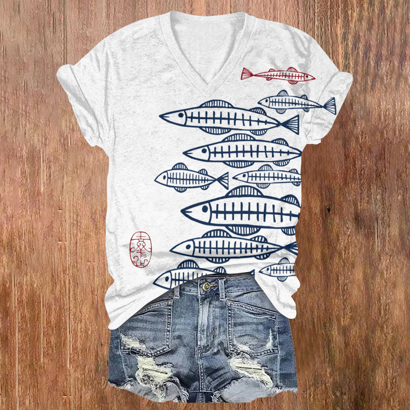 A Group Of Japanese-style Simple Fish Sketches Printed Short Sleeved V-neck T-shirt - Light Gray - US32-34(5XL) - image 1
