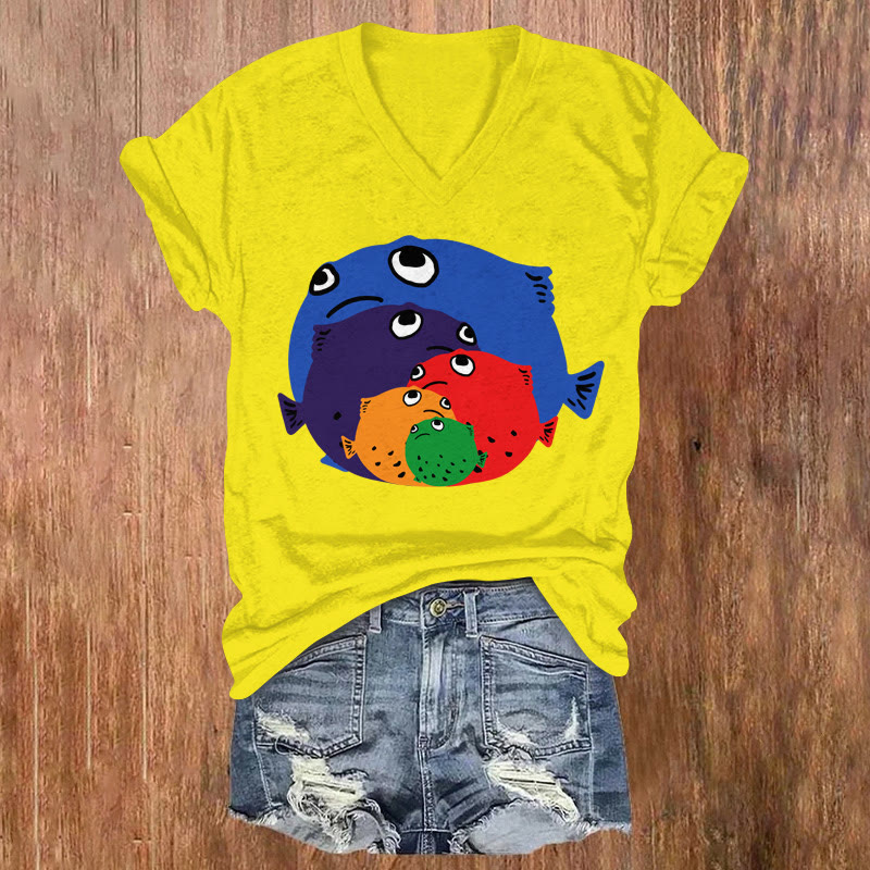 Rainbow Japanese Pufferfish Print Causal T-shirt - Yellow - US32-34(5XL) - image 3