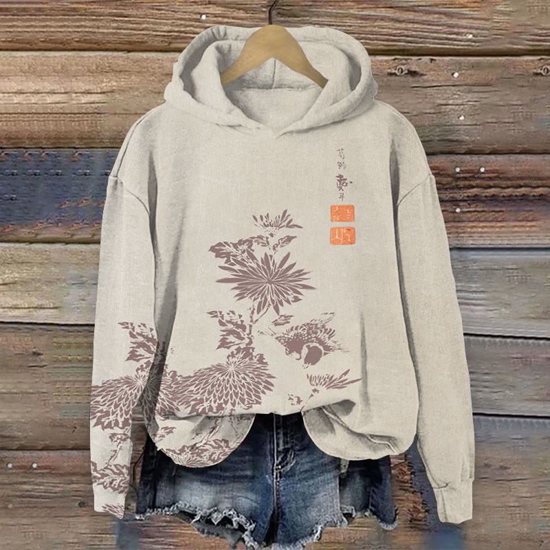 Vintage Chrysanthemum Print Long Sleeve Hoodie - Apricot - 8XL - image 2