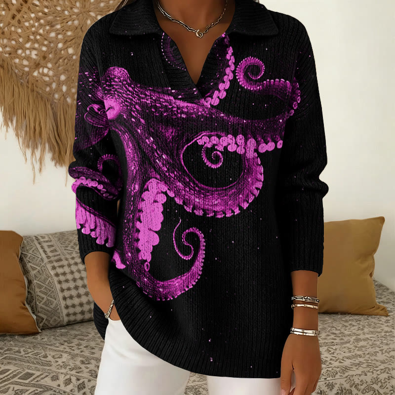 Three-Dimensional Creative Octopus Print  Polo Collar Long Sleeved Sweater - Rose - 5XL - image 3
