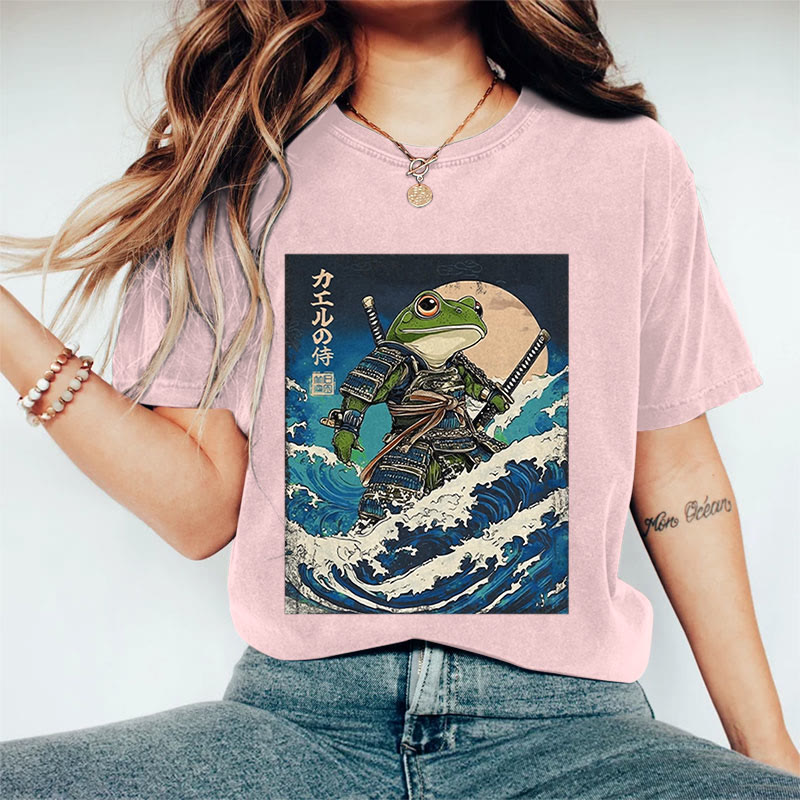 100% Cotton Women's Japanese Ocean Wave Samurai Frog Art Print Casual T-shirt - Pink - 2XL - image 7