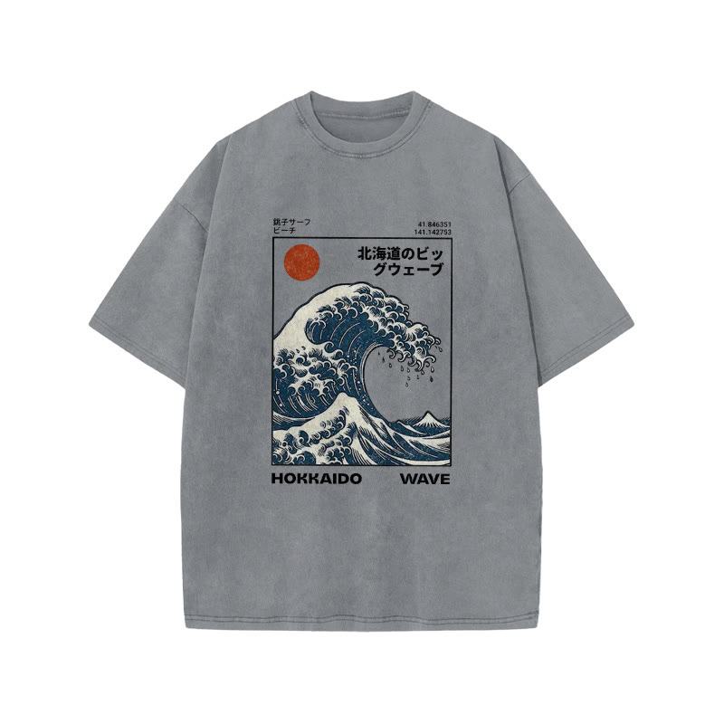 Unisex 100% Cotton Hokkaido Wave Vintage Print Acid Washed T-shirt - Grey - 3XL - image 2