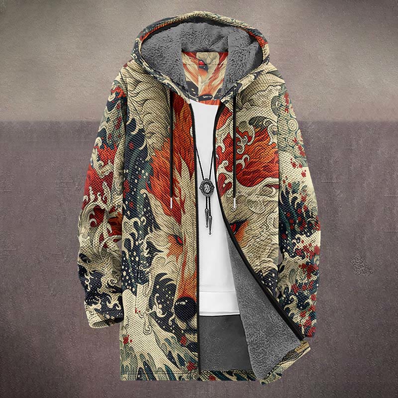 Japanese Abstract Wave And Wolf Pattern Print Unisex Plush Thick Long-sleeved Fleece Jacket Coat - image 2