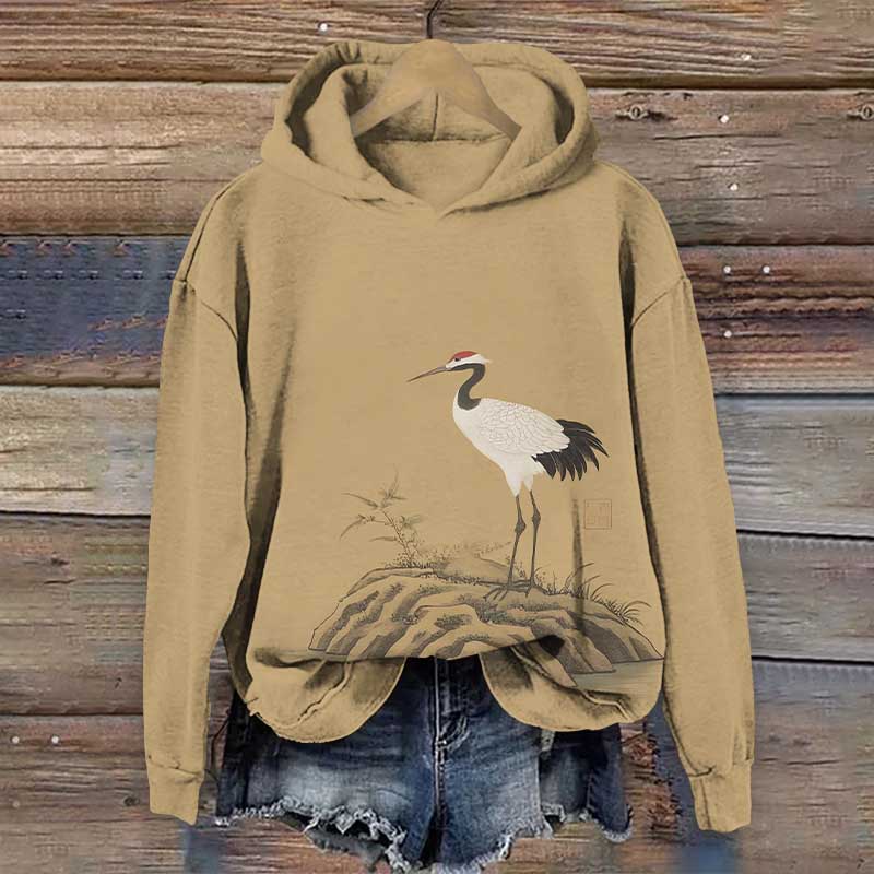 Japanese Vintage White Crane Pattern Print Long Sleeve Hoodie - Brown - US44-46(8XL) - image 2
