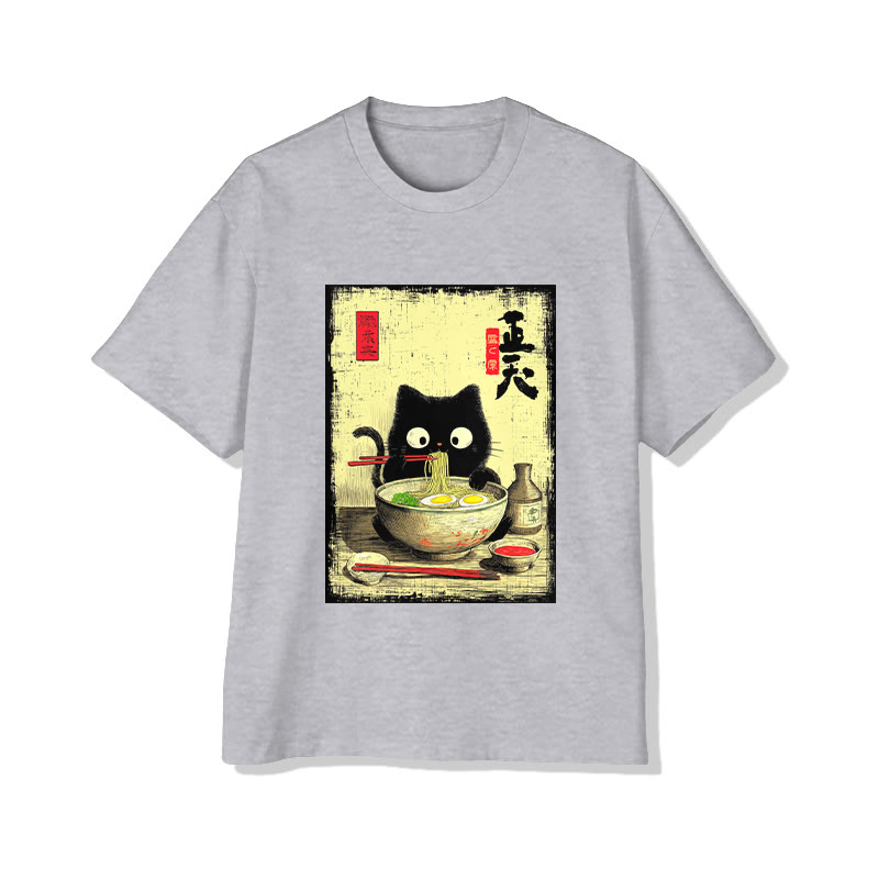 Unisex Japanese Black Kitten Eating Ramen Print Short Sleeved Crew Neck T-shirt - Grey - 2XL - image 3