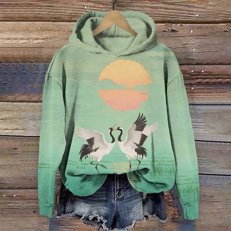 Japanese Loving Couple Crane Playing By The Lake Print Long Sleeve Hoodie - Green - US44-46(8XL) - image 2