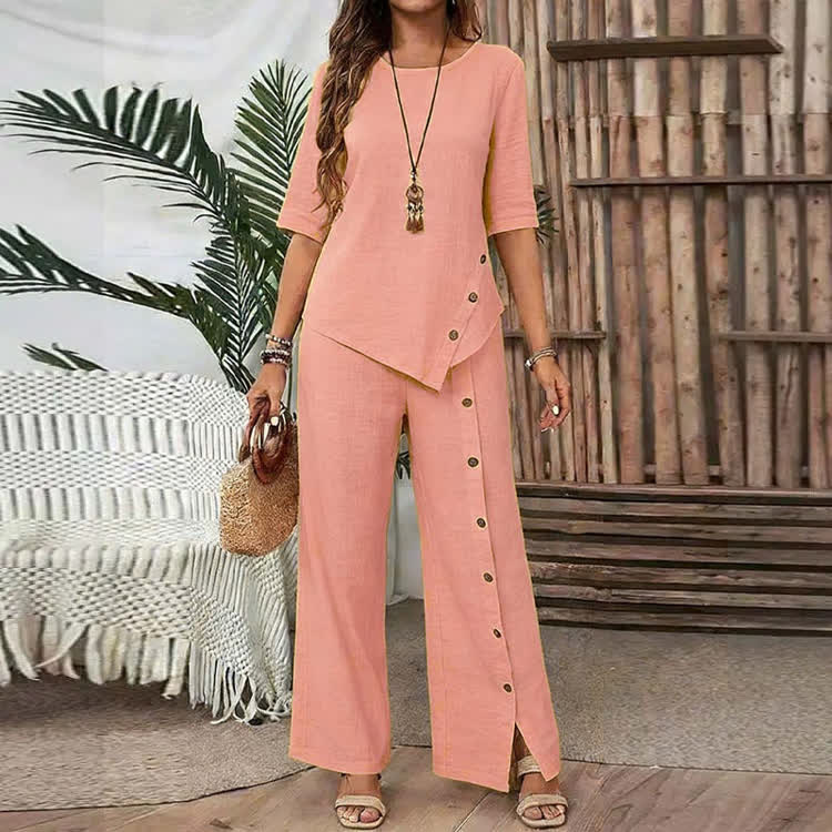 Cozy Solid Crew Neck Half Sleeves Asymmetrical Button Hem Blouse & Pants Set - Pink - 5XL - image 12