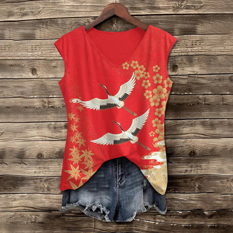 Japanese Style Floral Crane Print V-neck Tank Top - image 2