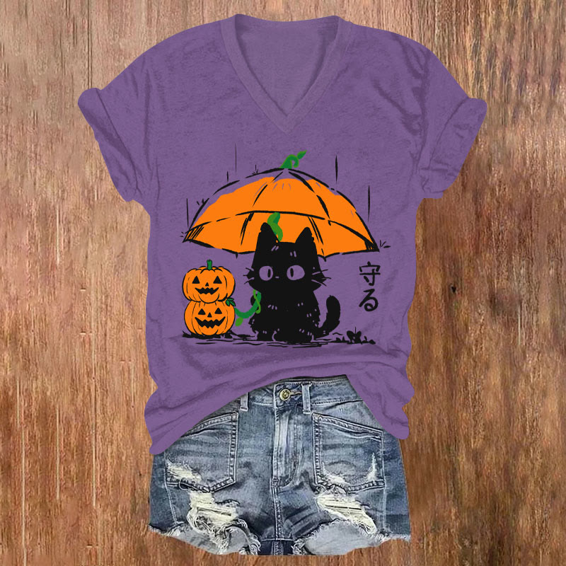 Women's Halloween Black Cat Holding Pumpkin Umbrella Art T-shirt - Purple - US32-34(5XL) - image 2