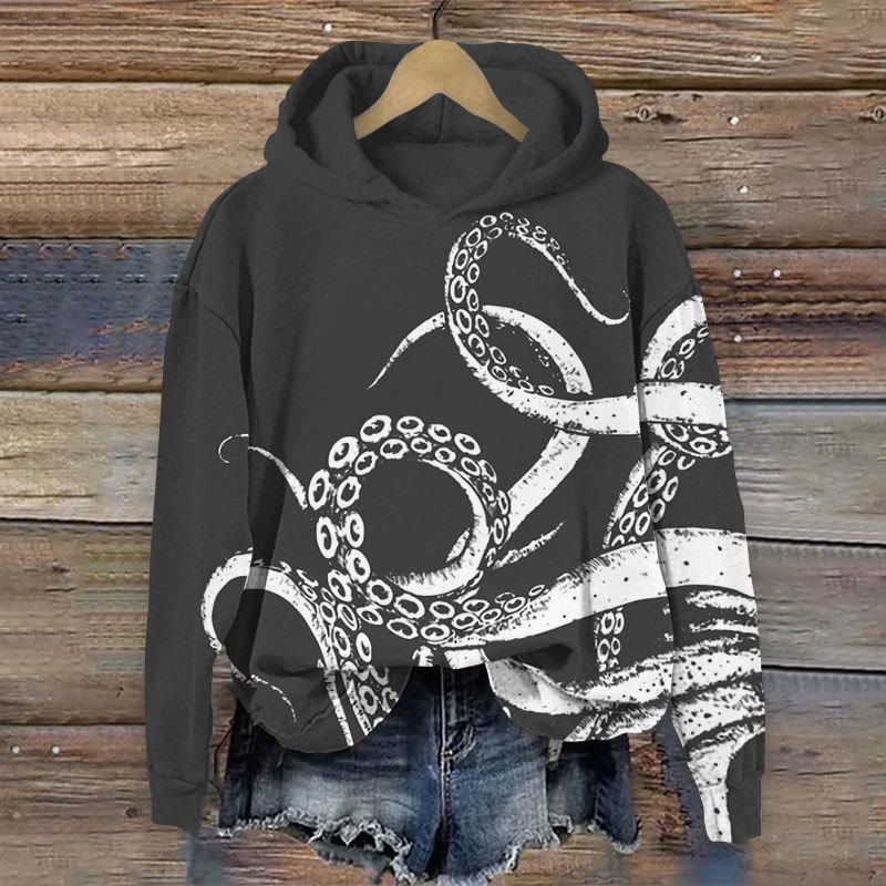 Contrast Octopus Tentacles Print Long Sleeve Hoodie - Grey - 8XL - image 2