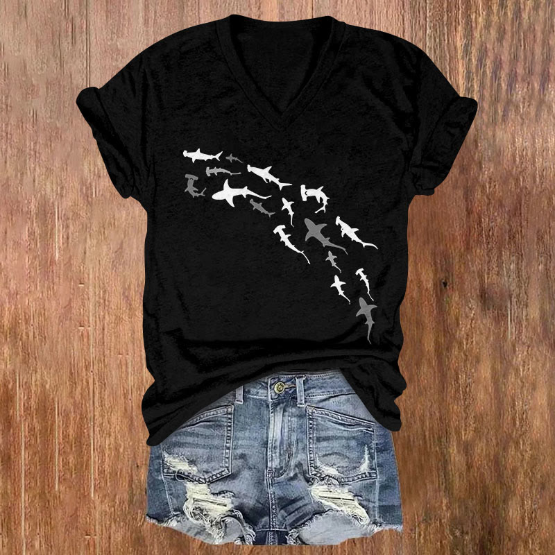 Shark Print Casual V-neck Short-sleeved T-shirt