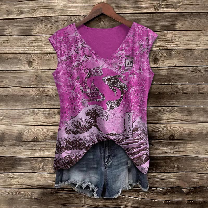 Japanese Koi Wave Print V-neck Tank Top - Purple - 5XL - image 3