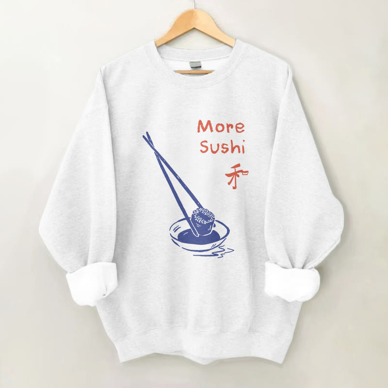 100% Cotton Japanese More Sushi Print Round Neck Casual Fleece Sweatshirt - White - 2XL - image 3