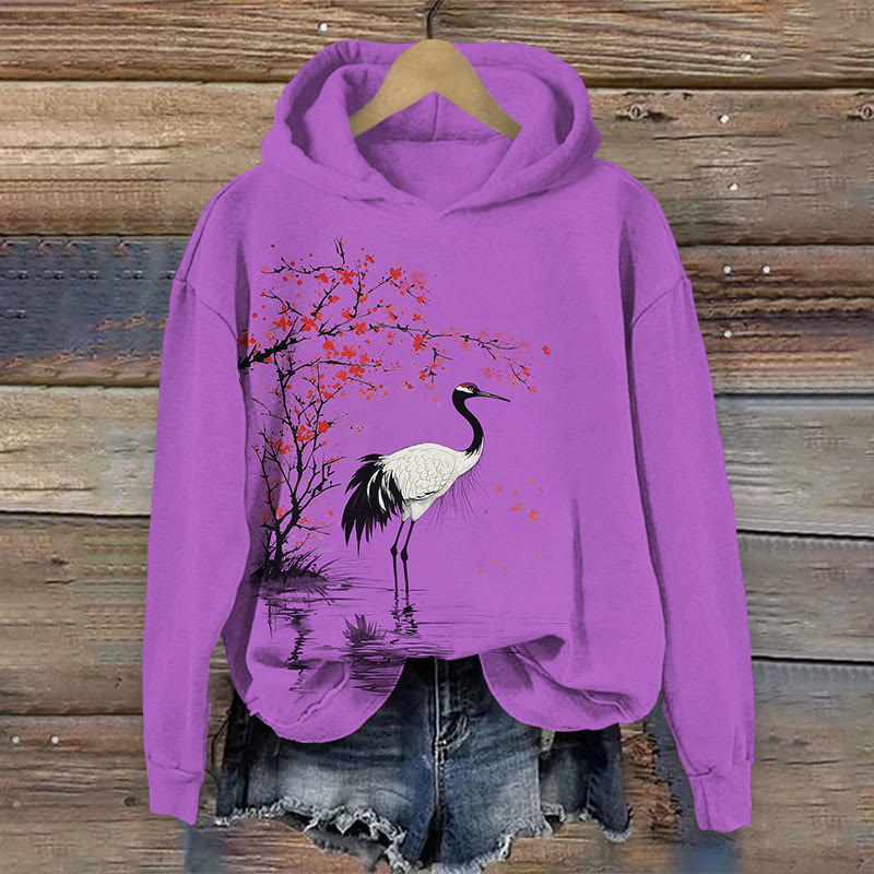 Japanese Crane With Floral Print Long Sleeve Hoodie - Purple - US44-46(8XL) - image 3