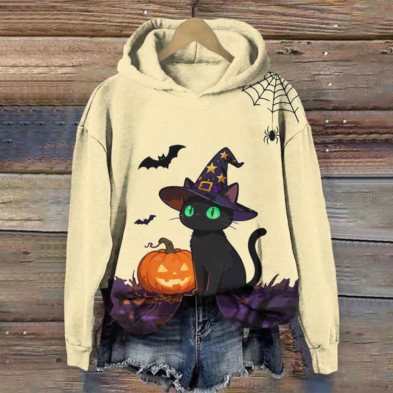 Halloween Wizard Black Cat & Pumpkin Print Long Sleeve Hoodie - Apricot - US44-46(8XL) - image 6