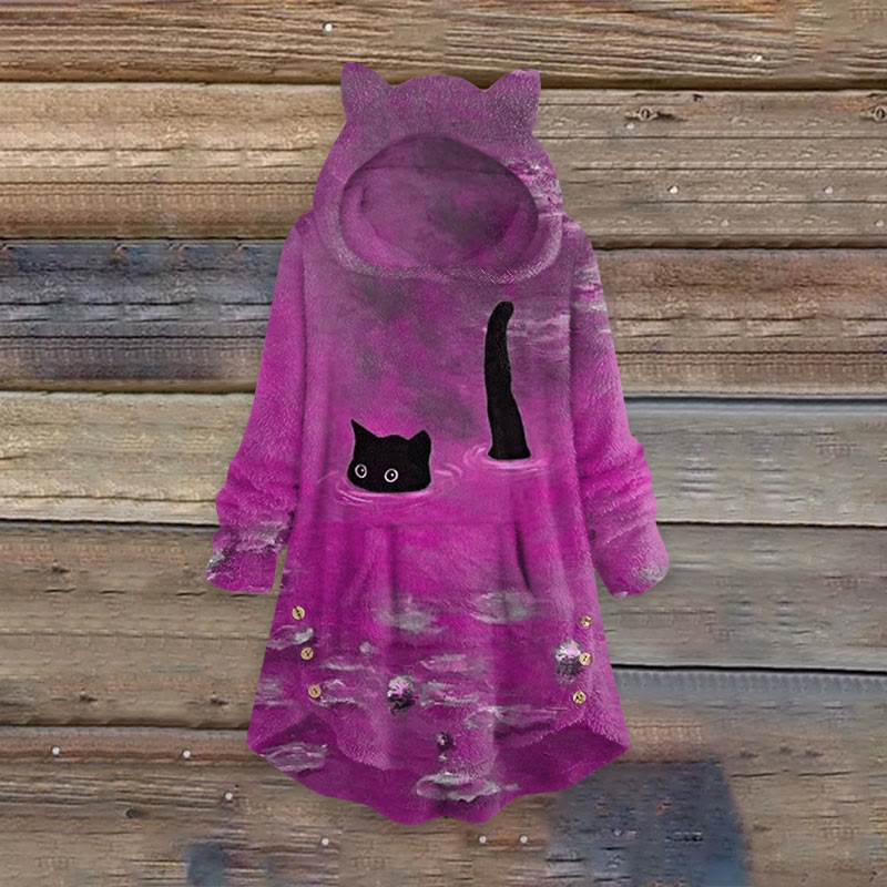 Oil Painting Cat Print Women's Kangaroo Pocket Cute Cat Ear Fuzzy Fleece Hoodie - Purple - 6XL - image 5