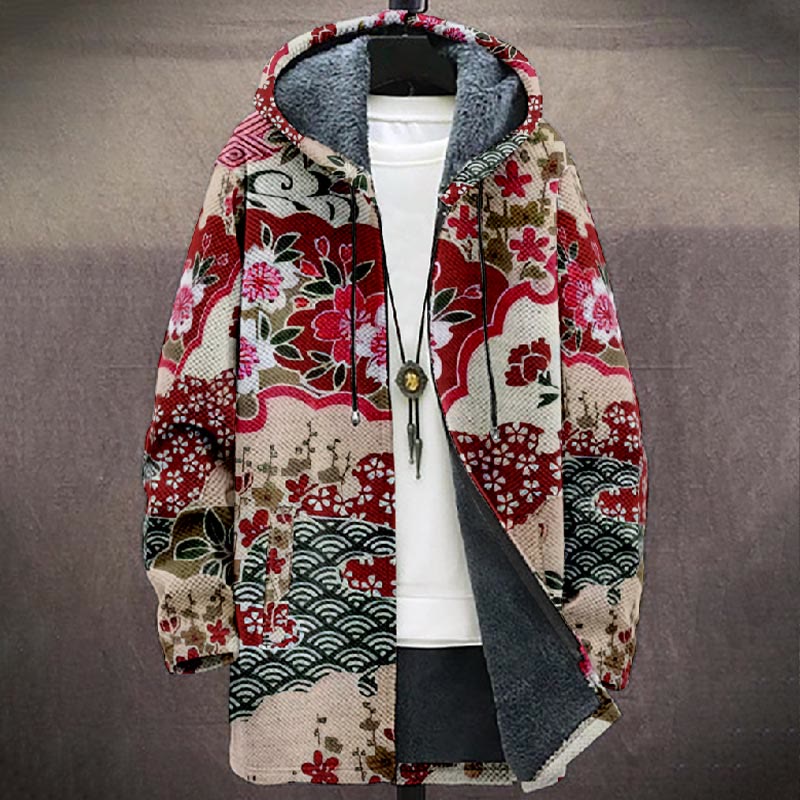 Japanese Traditional Patchwork Garden Print Unisex Plush Thick Long-sleeved Fleece Jacket Coat - image 2