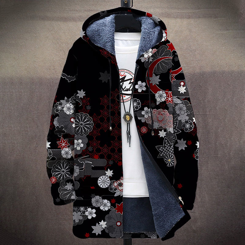 Japanese Retro Floral Pattern Print Unisex Plush Thick Long-sleeved Fleece Jacket Coat - image 2