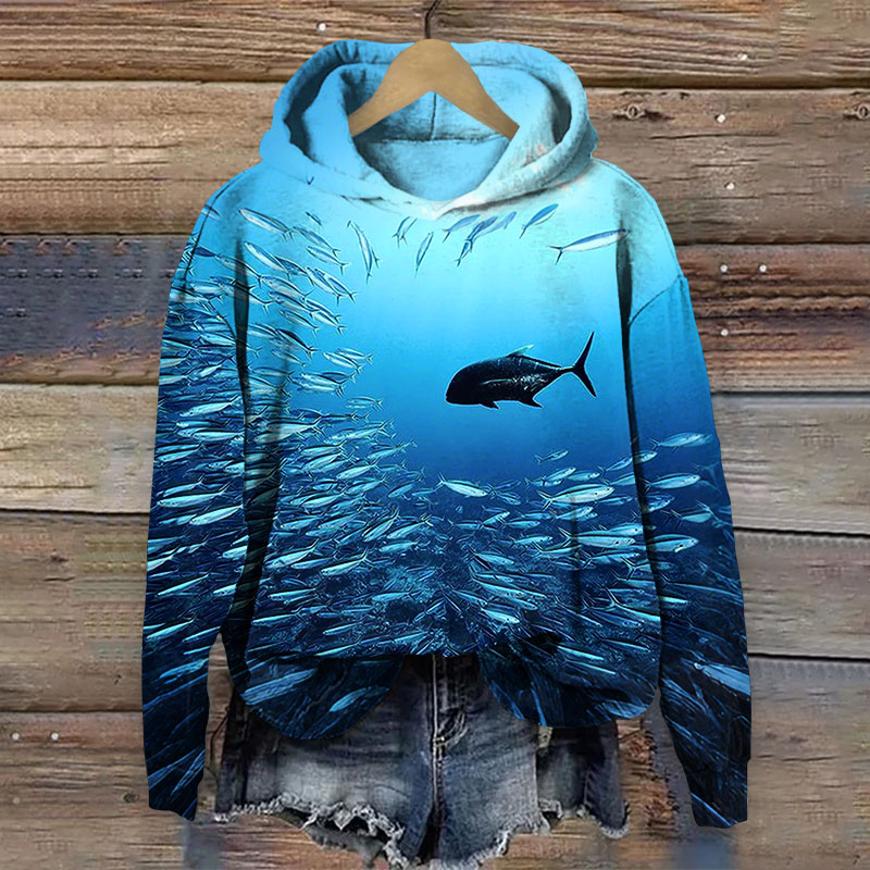 Fish School On The Seabed Print Long Sleeve Hoodie - Blue - 8XL - image 1