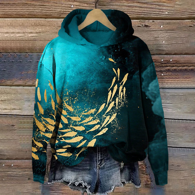 Fish School On The Seabed Painting Long Sleeve Hoodie - Blue - 8XL - image 1