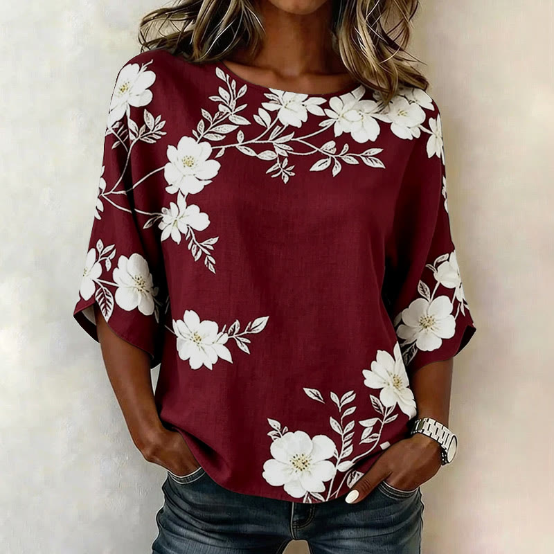 Vintage Floral Branch Print 3/4 Sleeve Casual Blouse - Red - 4XL - image 5