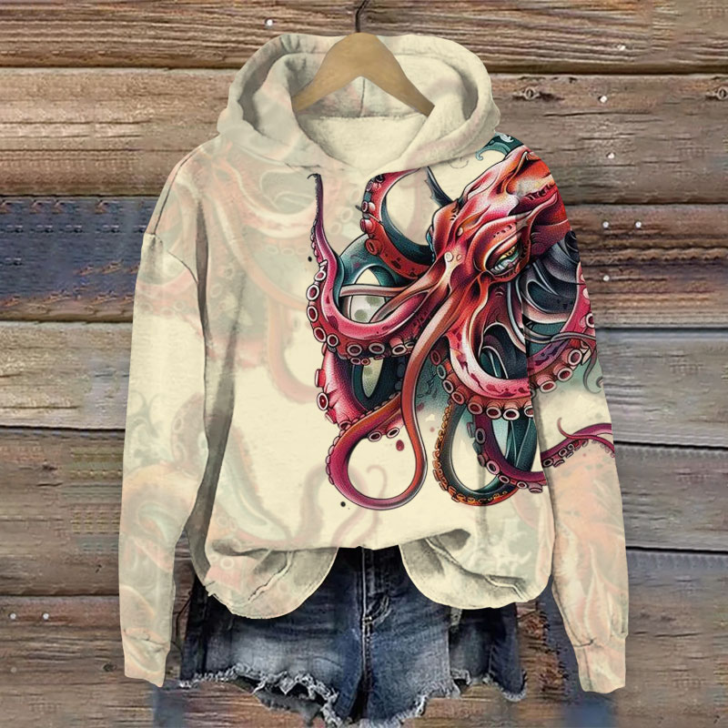 Japanese Vintage Octopus Print Long Sleeve Hoodie - Beige - US44-46(8XL) - image 6