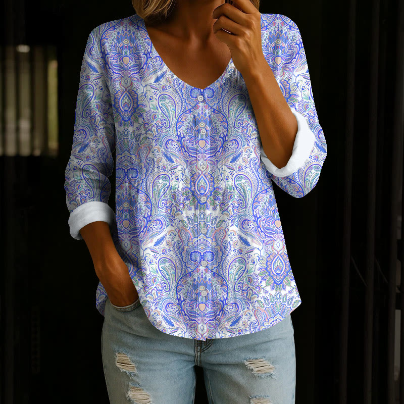 Boho Vintage Tribal-wild Paisley Florals Pattern Print Button V-neck A-line Long Sleeve Blouse - Royal Blue - 4XL - image 4